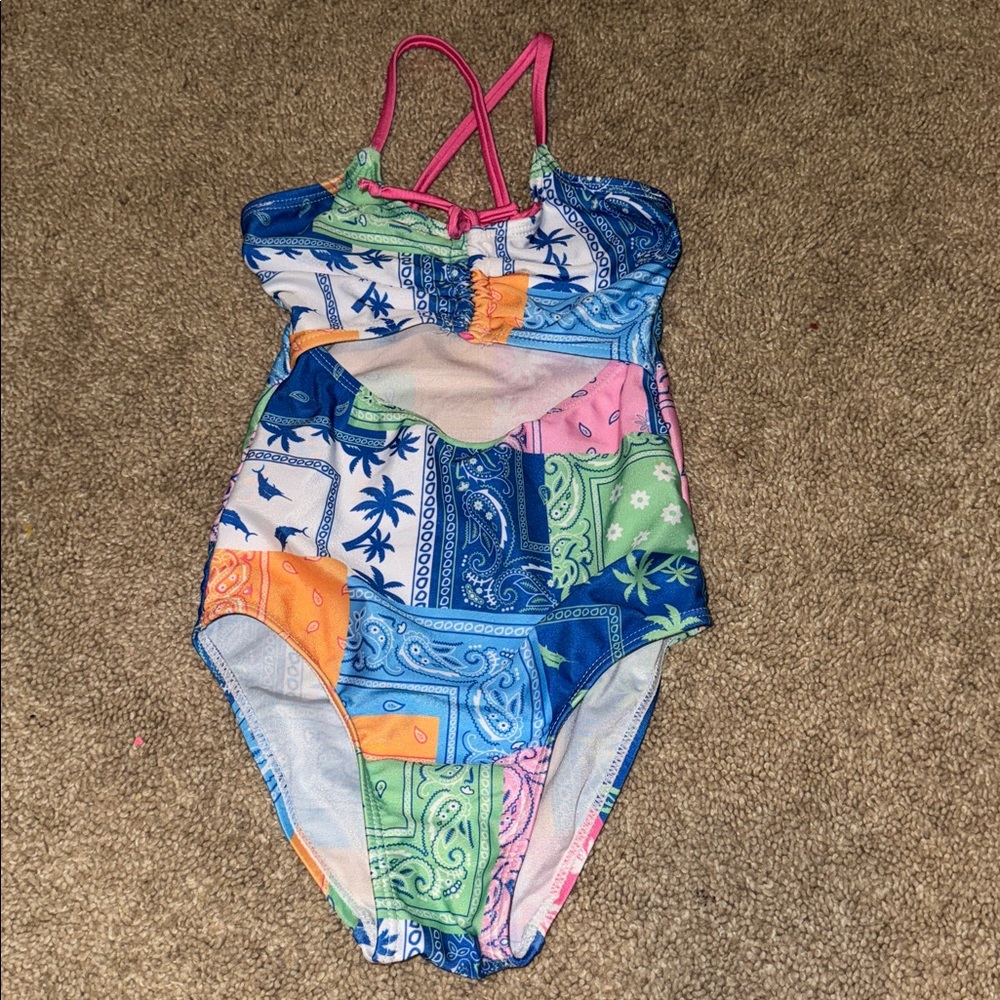 Tommy Bahama Girl's One-Piece Patchwork Swimsuit sz 4 Center Cut-out